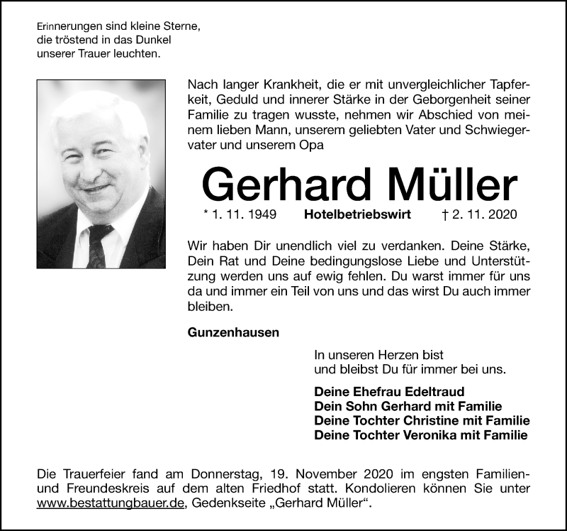  Traueranzeige für Gerhard Müller vom 21.11.2020 aus Altmühl-Bote Lokal