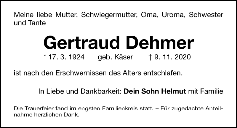  Traueranzeige für Gertraud Dehmer vom 18.11.2020 aus Gesamtausgabe Nürnberger Nachrichten/ Nürnberger Ztg.