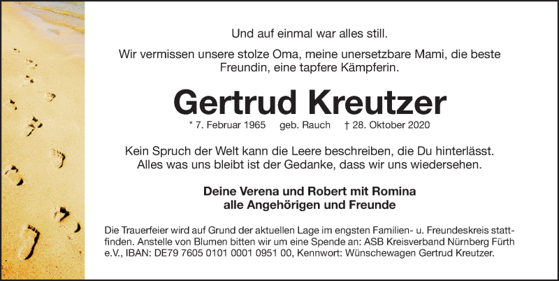  Traueranzeige für Gertrud Kreutzer vom 07.11.2020 aus Fürther Nachrichten Lokal