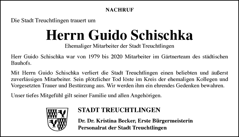  Traueranzeige für Guido Schischka vom 25.11.2020 aus Weißenburger Tagblatt u.Treuchtlinger Kurier Lokal