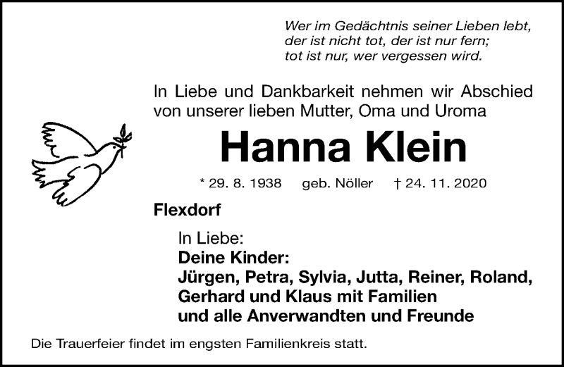  Traueranzeige für Hanna Klein vom 28.11.2020 aus Fürther Nachrichten Lokal