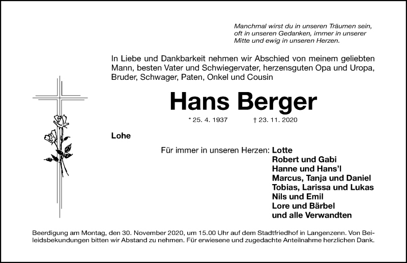  Traueranzeige für Hans Berger vom 28.11.2020 aus Fürther Nachrichten Lokal