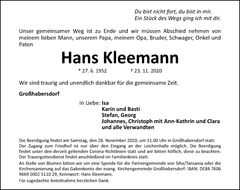  Traueranzeige für Hans Kleemann vom 27.11.2020 aus Fürther Nachrichten Lokal