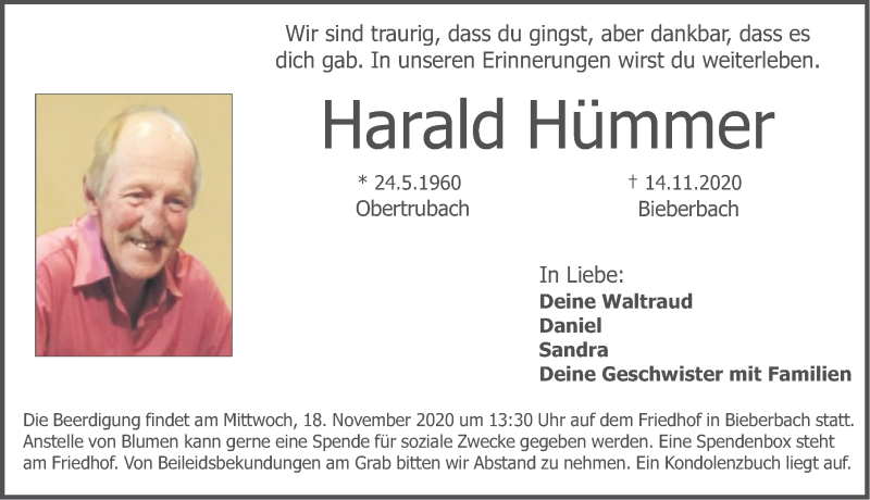  Traueranzeige für Harald Hümmer vom 17.11.2020 aus Nordbayerische Nachrichten Pegnitz Lokal