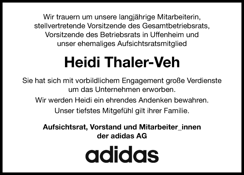  Traueranzeige für Heidi Thaler-Veh vom 27.11.2020 aus Erlanger Nachrichten Lokal