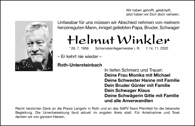  Traueranzeige für Helmut Winkler vom 21.11.2020 aus HST,HRHV