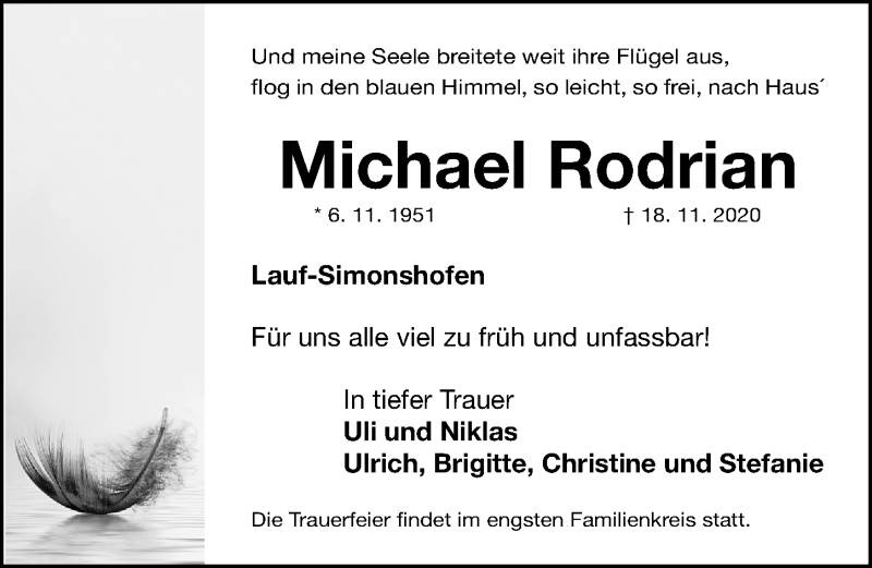  Traueranzeige für Michael Rodrian vom 21.11.2020 aus Gesamtausgabe Nürnberger Nachrichten/ Nürnberger Ztg.
