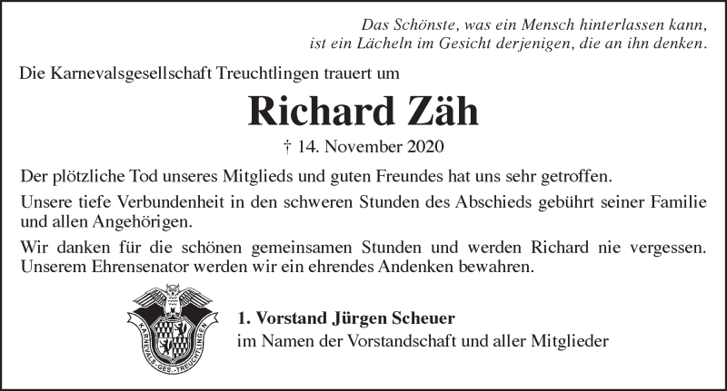  Traueranzeige für Richard Zäh vom 17.11.2020 aus Weißenburger Tagblatt u.Treuchtlinger Kurier Lokal