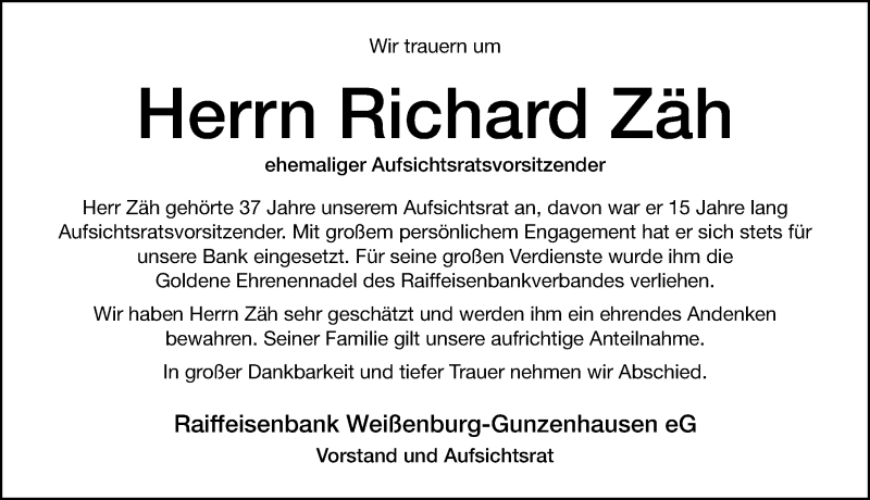  Traueranzeige für Richard Zäh vom 18.11.2020 aus Altmühl-Bote Lokal