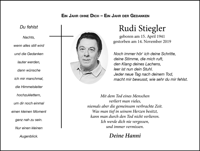  Traueranzeige für Rudi Stiegler vom 14.11.2020 aus Altmühl-Bote Lokal