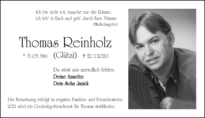 Traueranzeige für Thomas Reinholz vom 25.11.2020 aus Windsheimer Zeitung Lokal