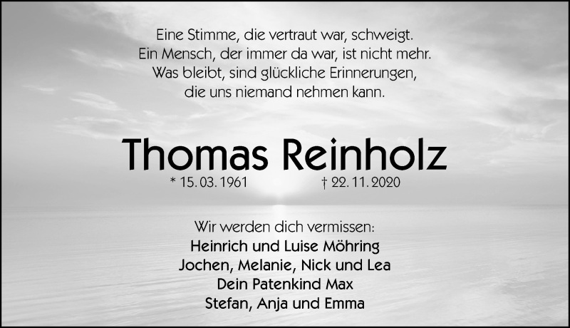  Traueranzeige für Thomas Reinholz vom 26.11.2020 aus Windsheimer Zeitung Lokal