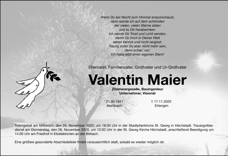  Traueranzeige für Valentin Maier vom 24.11.2020 aus Nordbayerische Nachrichten Herzogenaurach Lokal