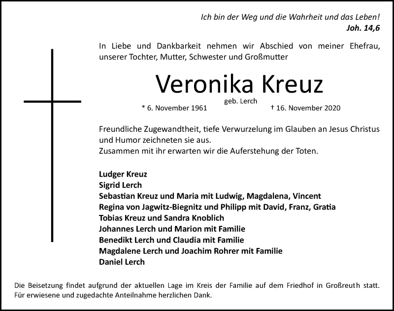  Traueranzeige für Veronika Kreuz vom 20.11.2020 aus Gesamtausgabe Nürnberger Nachrichten/ Nürnberger Ztg.
