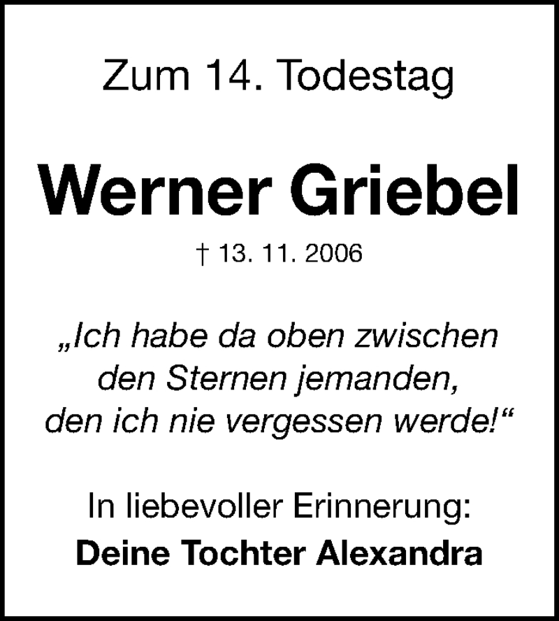  Traueranzeige für Werner Griebel vom 13.11.2020 aus Erlanger Nachrichten Lokal