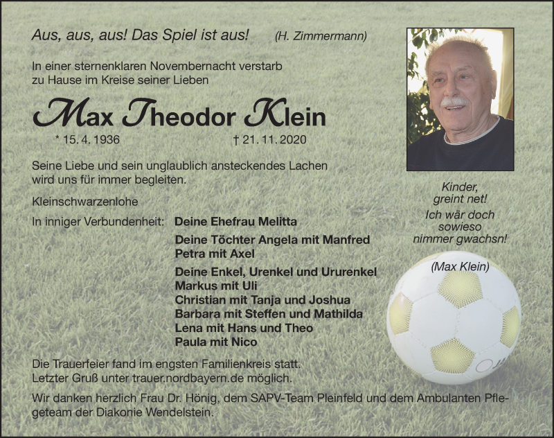  Traueranzeige für Max Theodor Klein vom 28.11.2020 aus SCHWABACHER TAGBLATT LOKAL