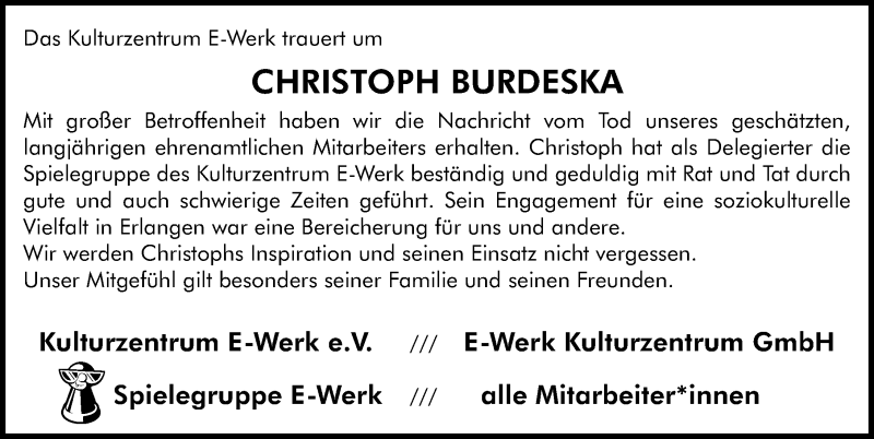  Traueranzeige für Christoph Burdeska vom 01.02.2020 aus Erlanger Nachrichten Lokal