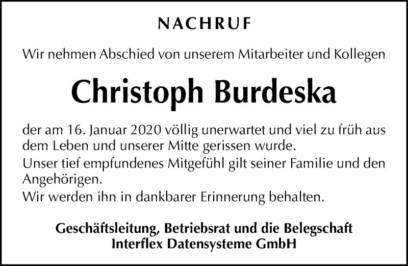  Traueranzeige für Christoph Burdeska vom 30.01.2020 aus Erlanger Nachrichten Lokal