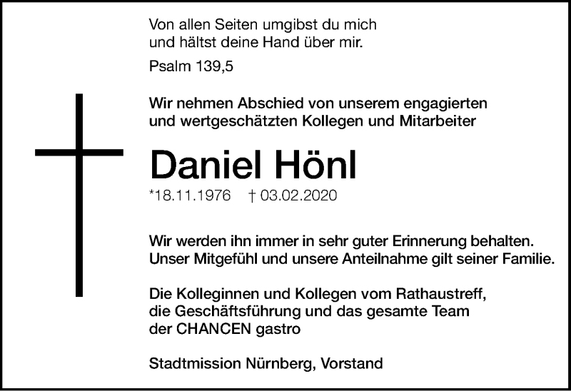  Traueranzeige für Daniel Hönl vom 14.02.2020 aus Gesamtausgabe Nürnberger Nachrichten/ Nürnberger Ztg.