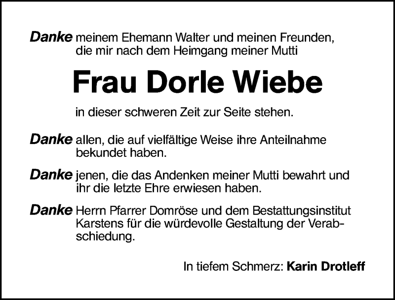  Traueranzeige für Dorle Wiebe vom 04.02.2020 aus Schwabach