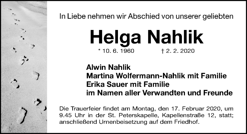  Traueranzeige für Helga Nahlik vom 14.02.2020 aus Gesamtausgabe Nürnberger Nachrichten/ Nürnberger Ztg.