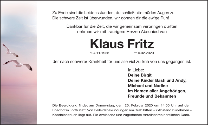  Traueranzeige für Klaus Fritz vom 18.02.2020 aus Gesamtausgabe Nürnberger Nachrichten/ Nürnberger Ztg.