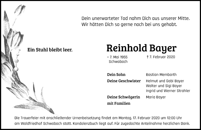  Traueranzeige für Reinhold Bayer vom 14.02.2020 aus Schwabach
