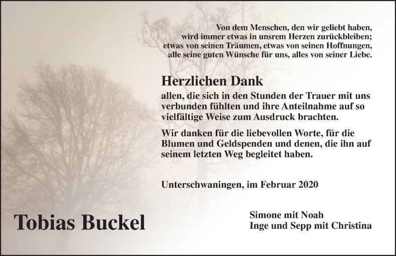  Traueranzeige für Tobias Buckel vom 13.02.2020 aus Altmühl-Bote Lokal