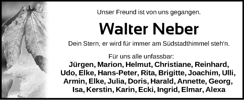  Traueranzeige für Walter Neber vom 18.02.2020 aus Gesamtausgabe Nürnberger Nachrichten/ Nürnberger Ztg.