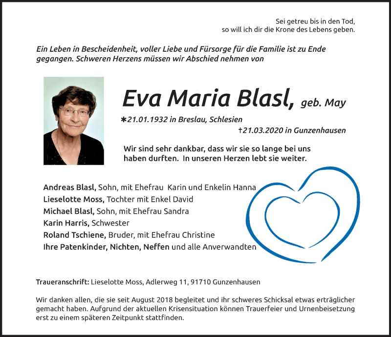  Traueranzeige für Eva Maria Blasl vom 26.03.2020 aus Altmühl-Bote Lokal