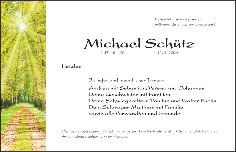  Traueranzeige für Michael Schütz vom 23.03.2020 aus Nordbayerische Nachrichten Forchheim Lokal