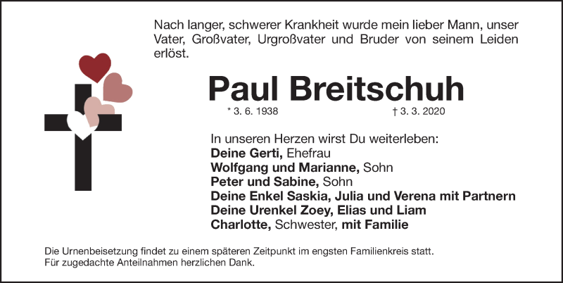  Traueranzeige für Paul Breitschuh vom 23.03.2020 aus Fürther Nachrichten Lokal