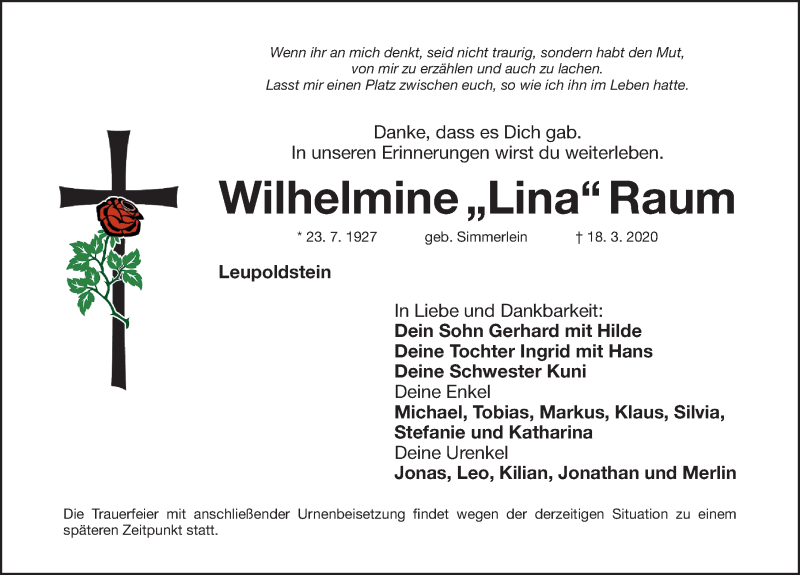  Traueranzeige für Wilhelmine Raum vom 25.03.2020 aus Nordbayerische Nachrichten Pegnitz Lokal