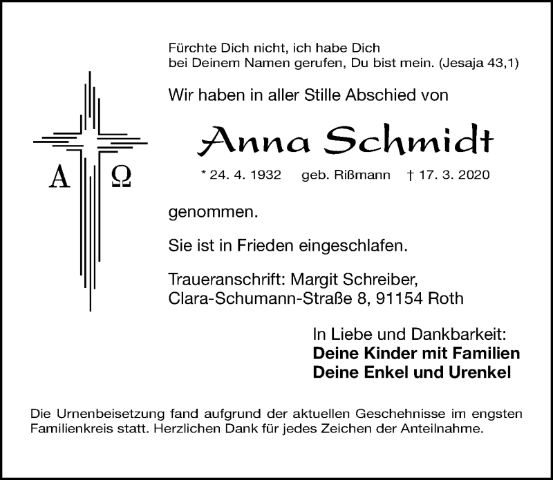  Traueranzeige für Anna Schmidt vom 04.04.2020 aus Gesamtausgabe Nürnberger Nachrichten/ Nürnberger Ztg.