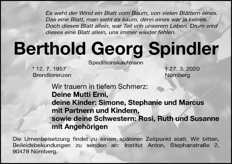  Traueranzeige für Berthold Georg Spindler vom 04.04.2020 aus Gesamtausgabe Nürnberger Nachrichten/ Nürnberger Ztg.