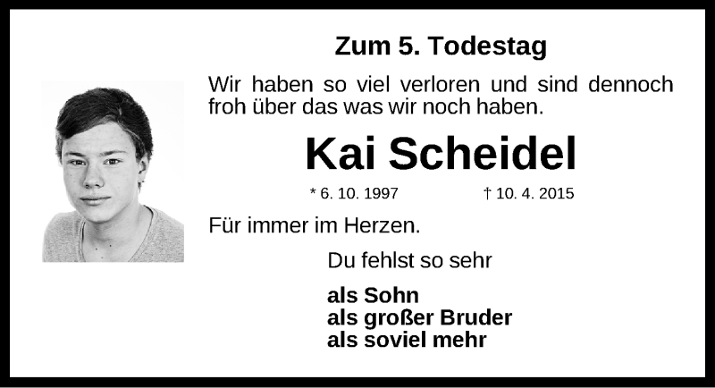  Traueranzeige für Kai Scheidel vom 09.04.2020 aus Gesamtausgabe Nürnberger Nachrichten/ Nürnberger Ztg.