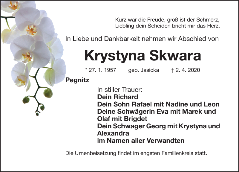  Traueranzeige für Krystyna Skwara vom 04.04.2020 aus Nordbayerische Nachrichten Pegnitz Lokal
