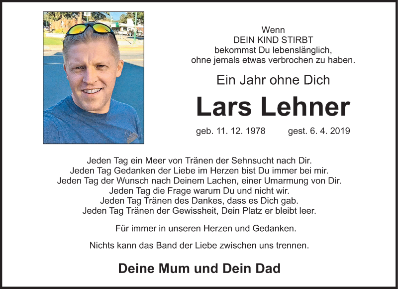  Traueranzeige für Lars Lehner vom 04.04.2020 aus Nordbayerische Nachrichten Pegnitz Lokal