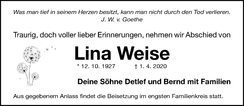  Traueranzeige für Lina Weise vom 04.04.2020 aus Gesamtausgabe Nürnberger Nachrichten/ Nürnberger Ztg./ Fürther Nachrichten