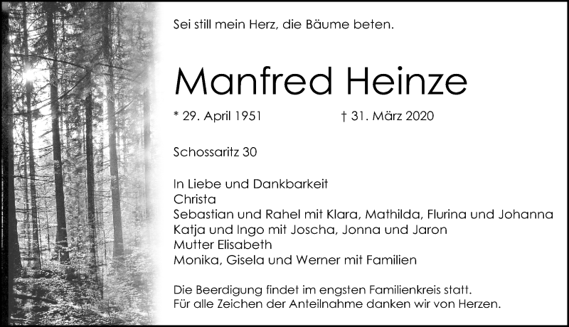  Traueranzeige für Manfred Heinze vom 04.04.2020 aus Nordbayerische Nachrichten Forchheim Lokal