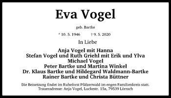 Traueranzeige von Eva Vogel von Gesamtausgabe Nürnberger Nachrichten/ Nürnberger Ztg.