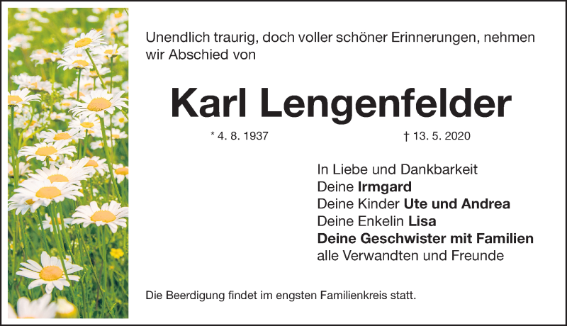 Traueranzeige für Karl Lengenfelder vom 21.05.2020 aus Gesamtausgabe Nürnberger Nachrichten/ Nürnberger Ztg.