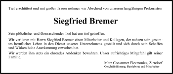 Traueranzeige von Siegfried Bremer von Erlanger Nachrichten Lokal