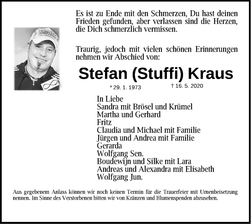  Traueranzeige für Stefan Kraus vom 23.05.2020 aus Gesamtausgabe Nürnberger Nachrichten/ Nürnberger Ztg.
