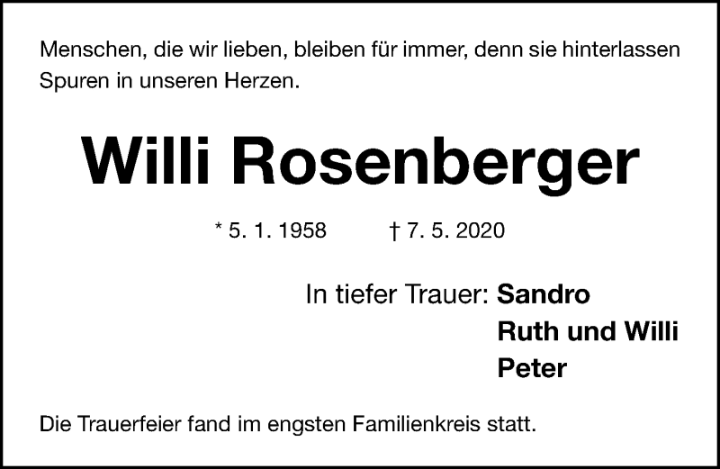  Traueranzeige für Willi Rosenberger vom 19.05.2020 aus Gesamtausgabe Nürnberger Nachrichten/ Nürnberger Ztg.