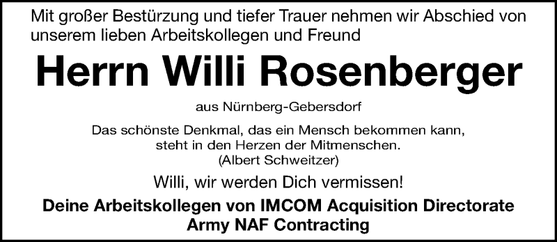  Traueranzeige für Willi Rosenberger vom 19.05.2020 aus Gesamtausgabe Nürnberger Nachrichten/ Nürnberger Ztg.