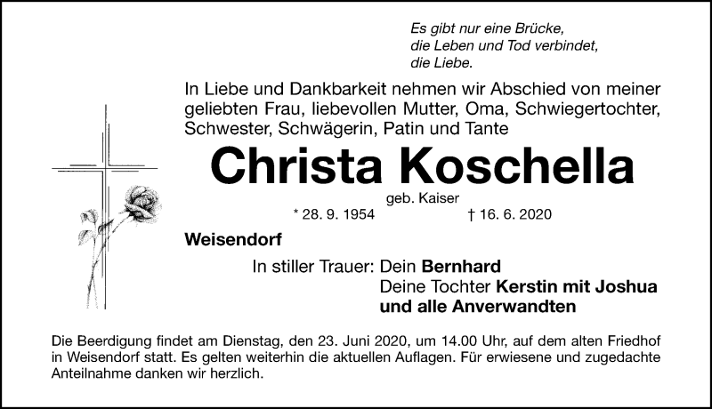  Traueranzeige für Christa Koschella vom 20.06.2020 aus Nordbayerische Nachrichten Herzogenaurach Lokal