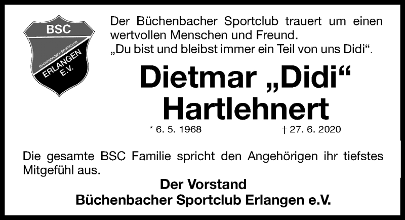  Traueranzeige für Dietmar Hartlehnert vom 01.07.2020 aus Erlanger Nachrichten Lokal