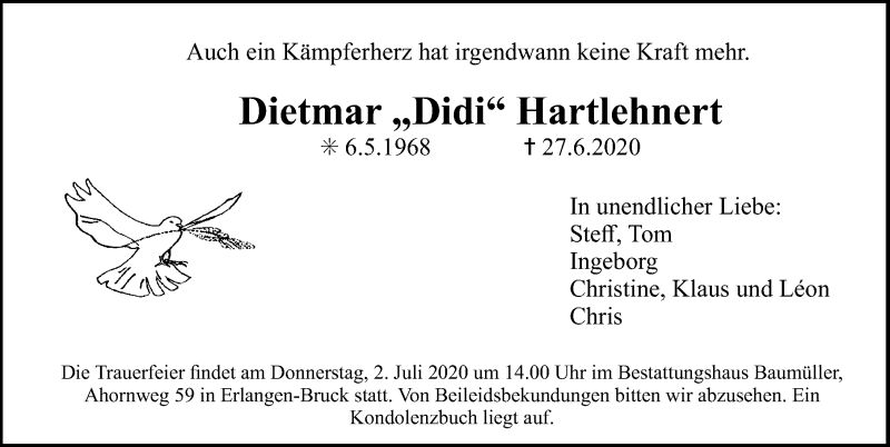  Traueranzeige für Dietmar Hartlehnert vom 30.06.2020 aus Erlanger Nachrichten Lokal