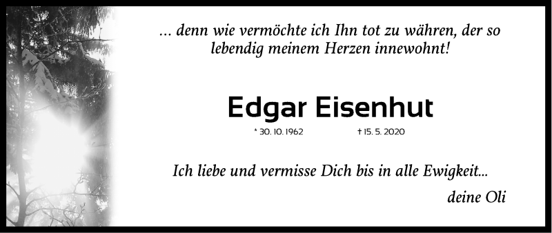 Traueranzeige für Edgar Eisenhut vom 06.06.2020 aus Gesamtausgabe Nürnberger Nachrichten/ Nürnberger Ztg.
